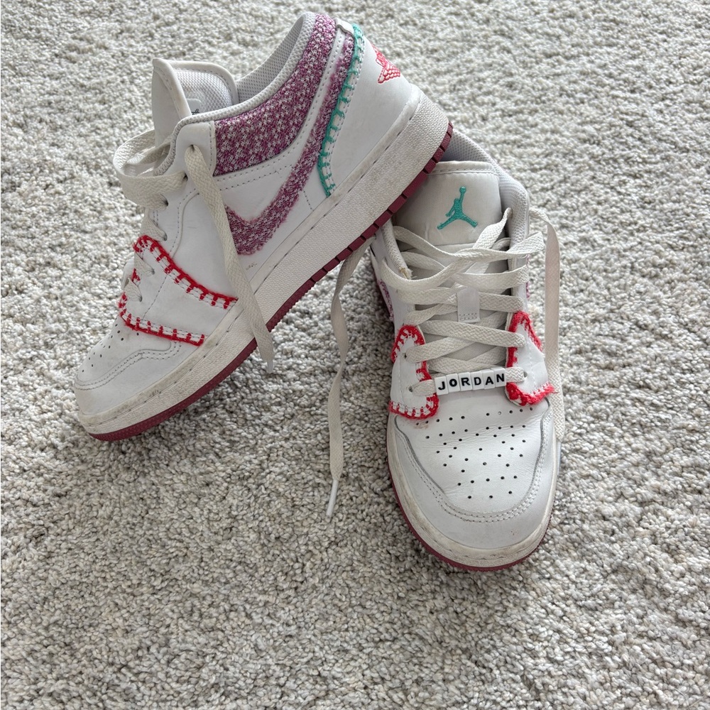 Jordan Sneakers with White, Pink, Purple and Teal Accents